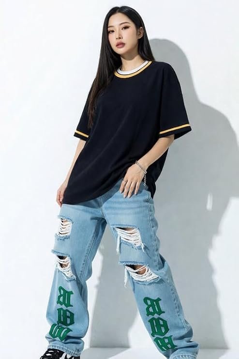 London Hills Women’s Waffle Texture T-Shirt | Loose Fit Casual Summer Top | Round Neck with Contrast Rib Collar & Sleeve Stripe | Soft Breathable Half Sleeve Tee - Image 2